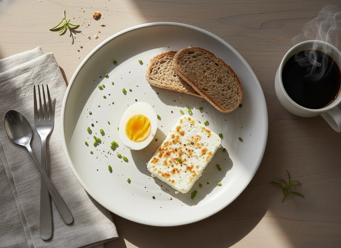 Breakfast with Boiled Egg, Cheese, and Coffee photo