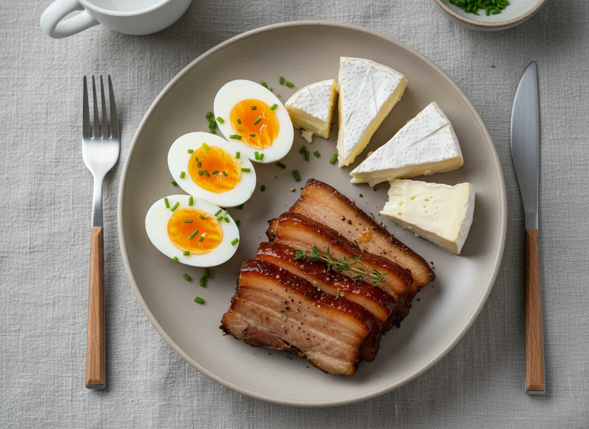 Breakfast with Boiled Eggs, Braised Pork Belly, and Cheese photo