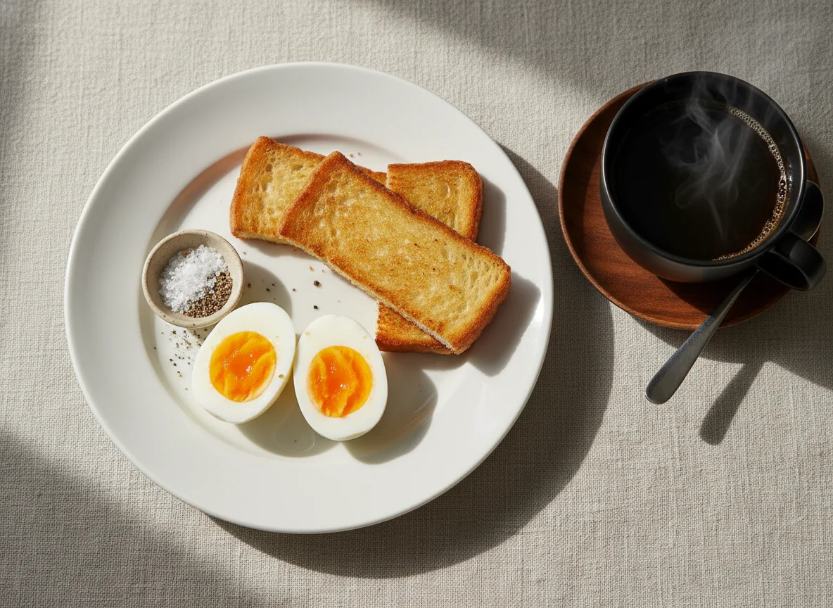 Breakfast with Boiled Eggs, Toast, and Coffee photo