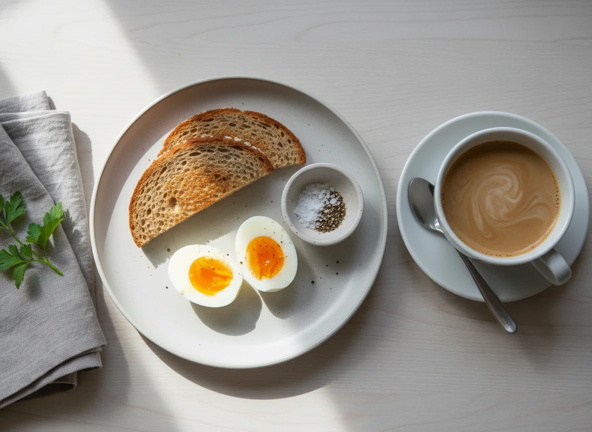 Breakfast with Boiled Eggs, Toast, and Coffee with Milk photo