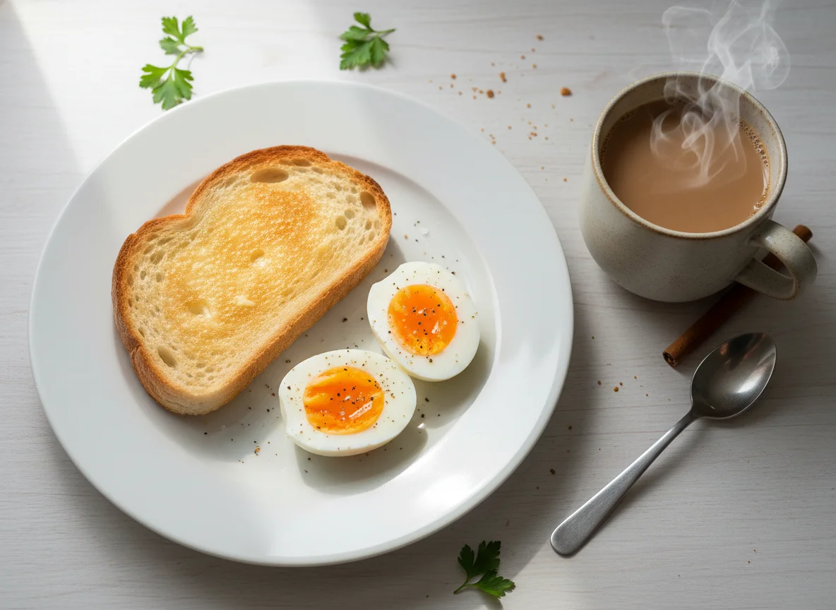 Breakfast with Boiled Eggs, Toast, and Tea photo