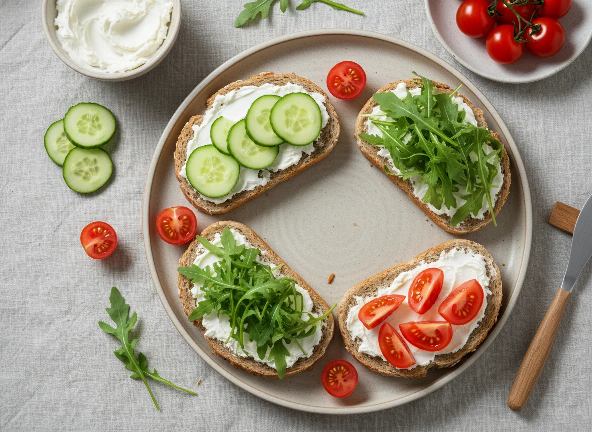 Breakfast with bread, cheese, and vegetables photo