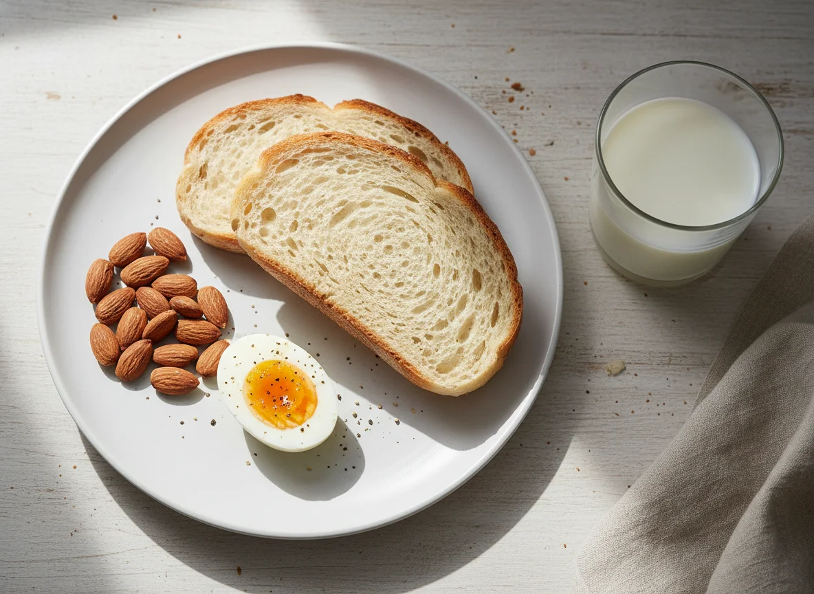Breakfast with Bread, Eggs, Almonds, and Milk photo