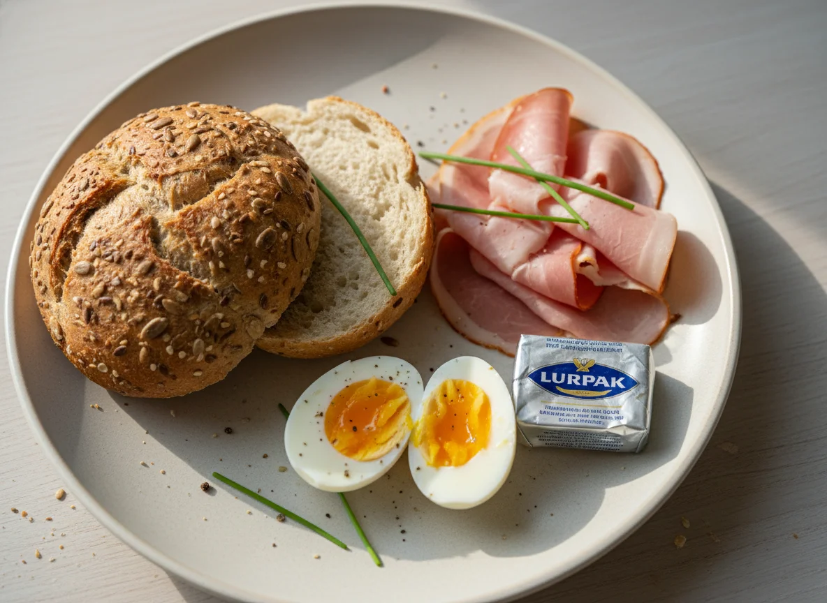 Breakfast with bread, ham, eggs, and butter photo
