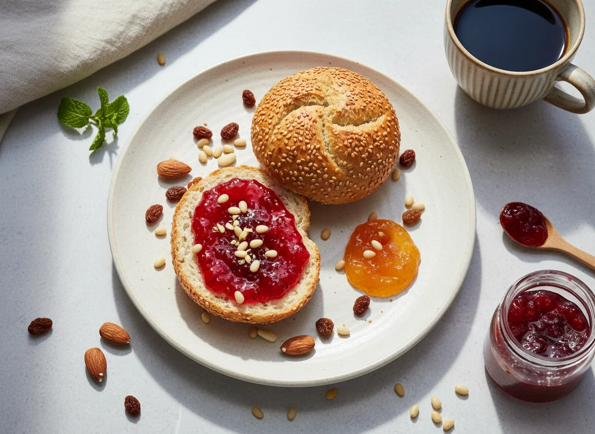 Breakfast with Bread, Jelly, and Nuts photo