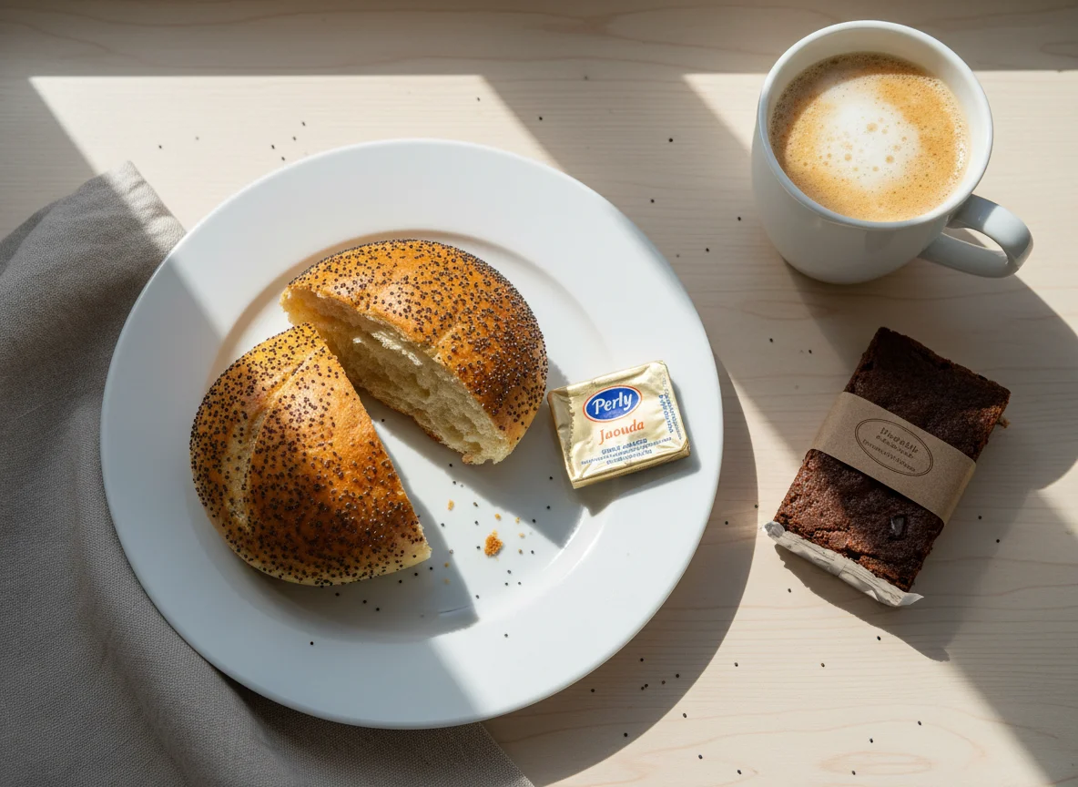 Breakfast with bread roll, brownie, butter, and coffee photo
