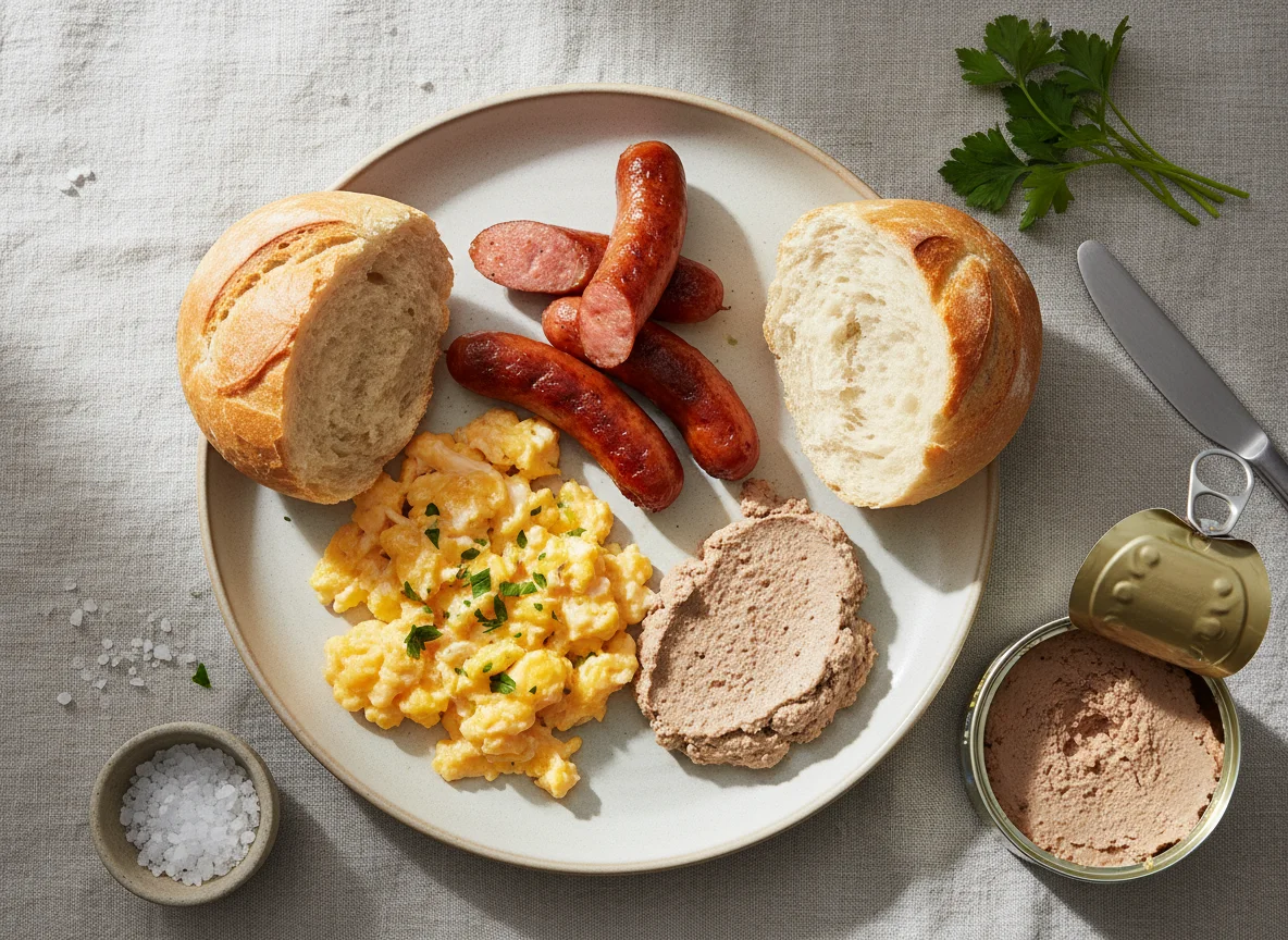 Breakfast with bread rolls, scrambled eggs with sausages, and pate photo