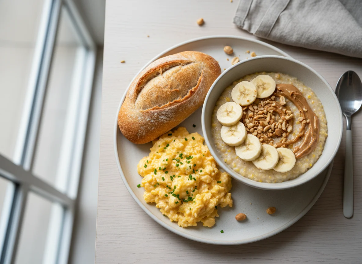 Breakfast with bread, scrambled eggs, and banana peanut porridge photo