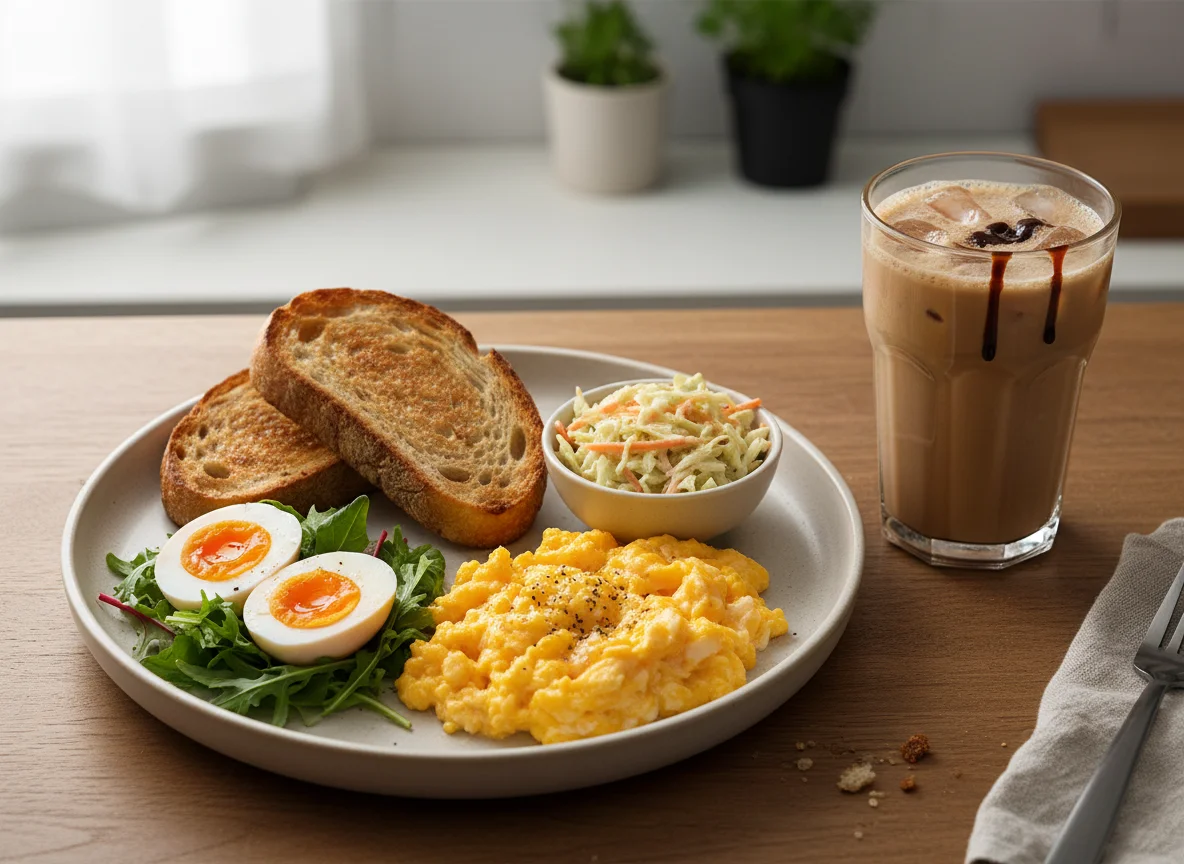Breakfast with Bread, Scrambled Eggs, Salad and Drink photo