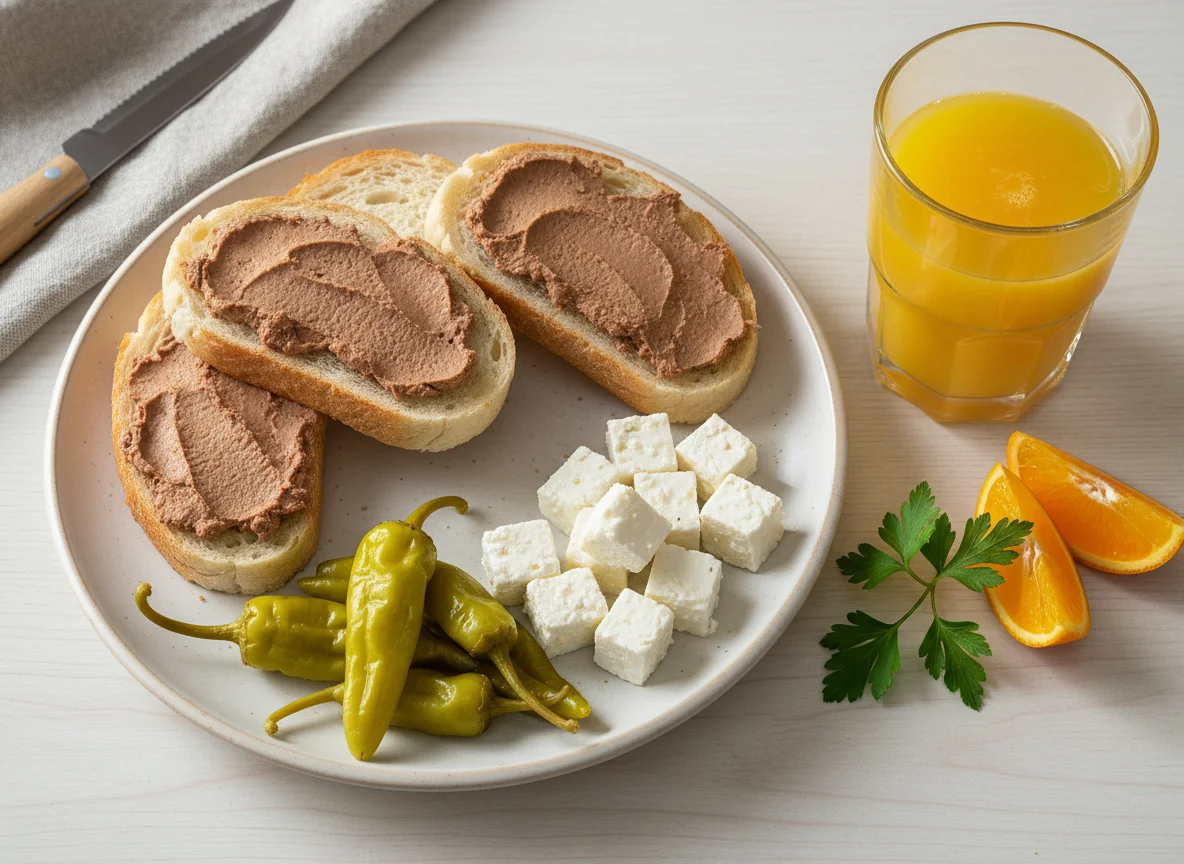 Breakfast with bread, spread, cheese, peppers and orange juice photo