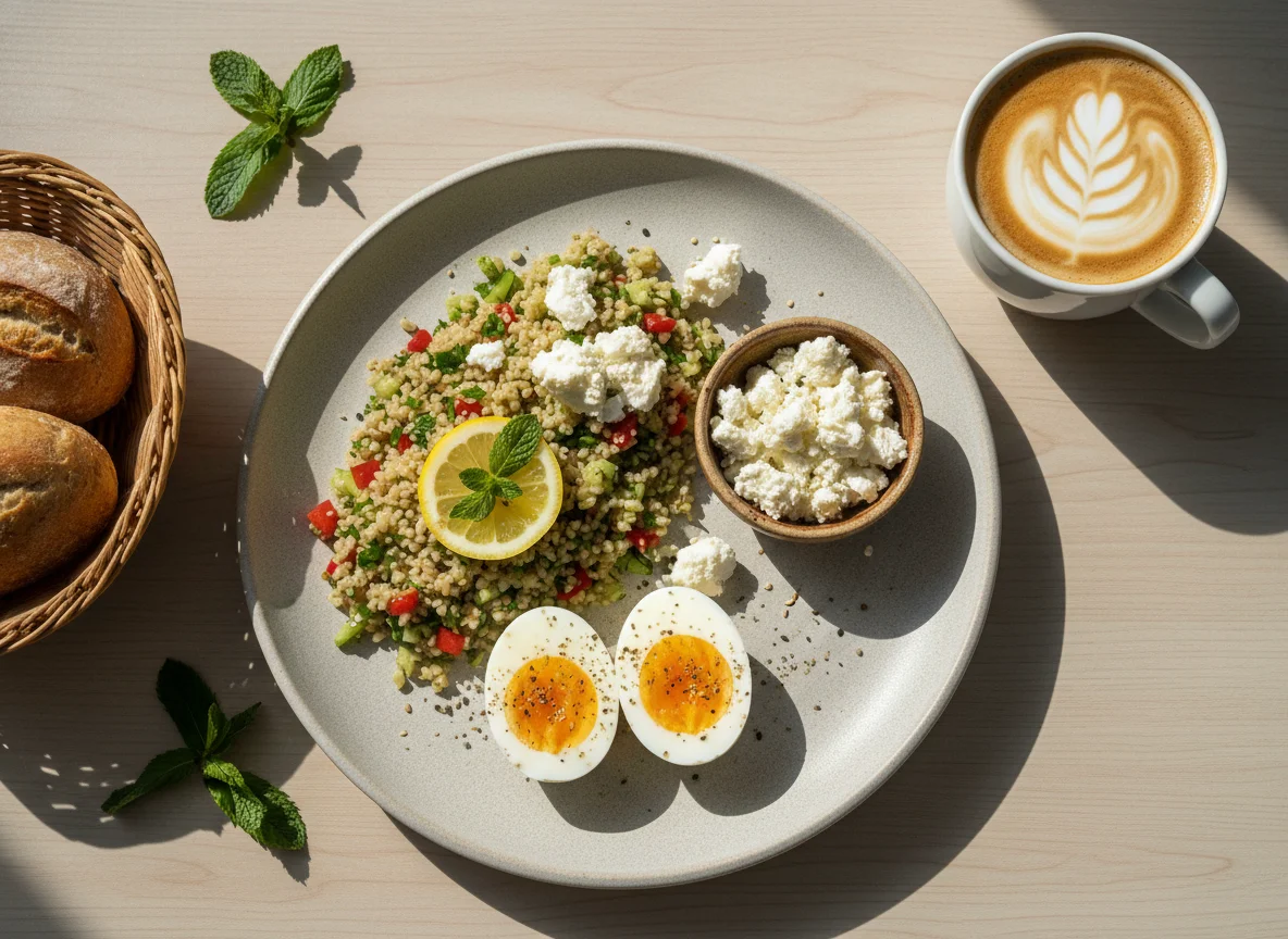 Breakfast with Bulgur, Eggs, Cheese, and Coffee photo