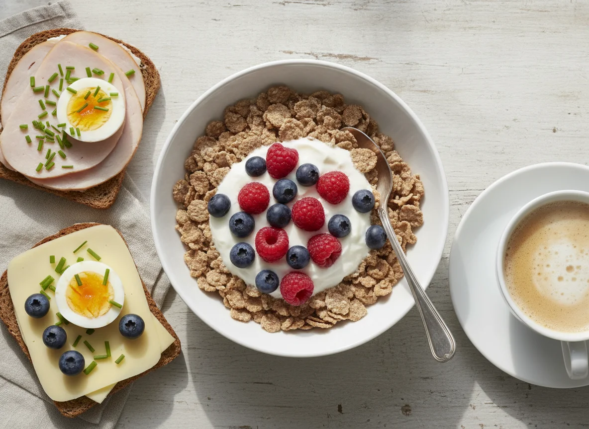 Breakfast with cereal, open-faced sandwiches and coffee photo