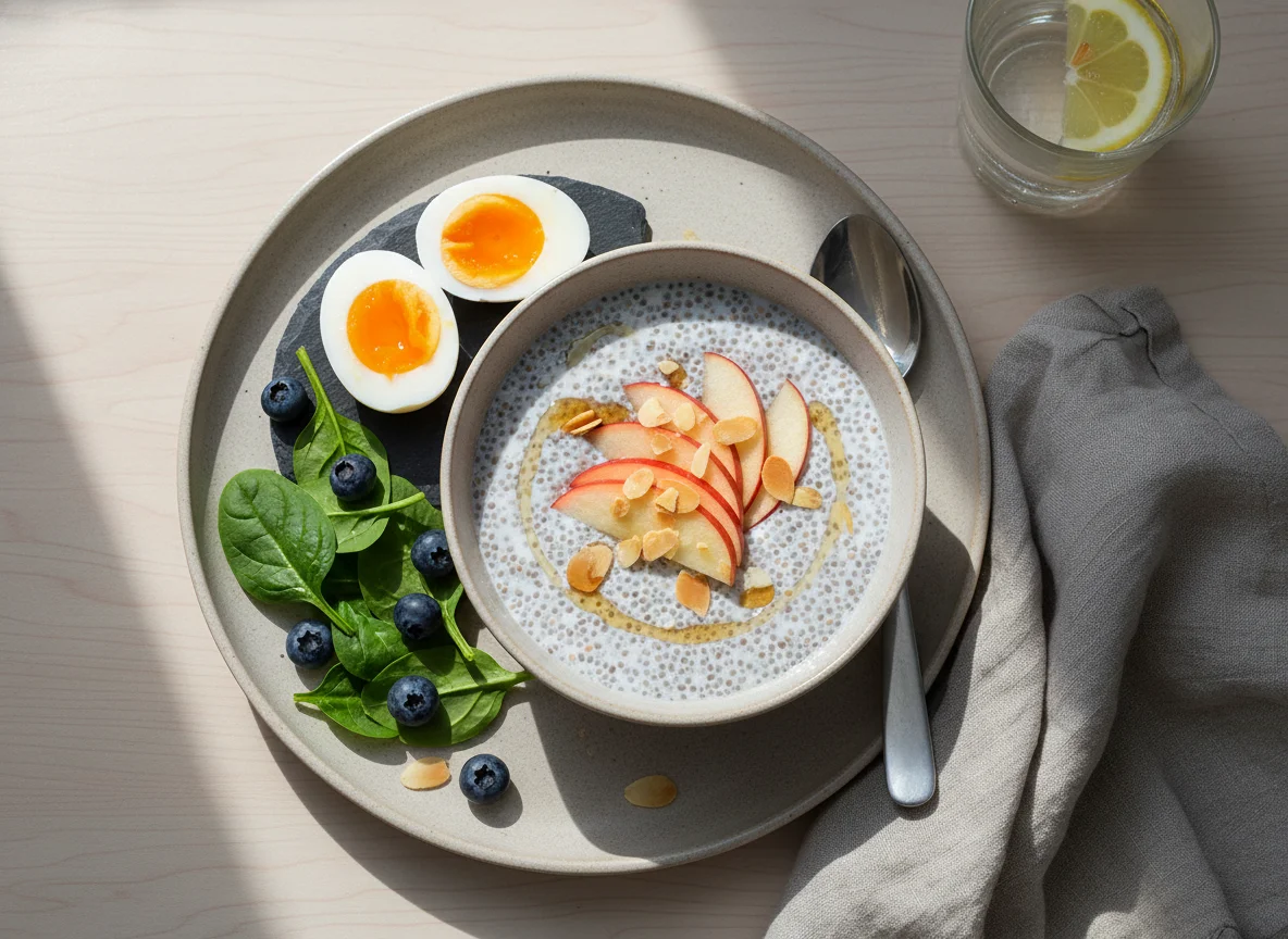 Breakfast with Chia Pudding, Apple, and Eggs photo