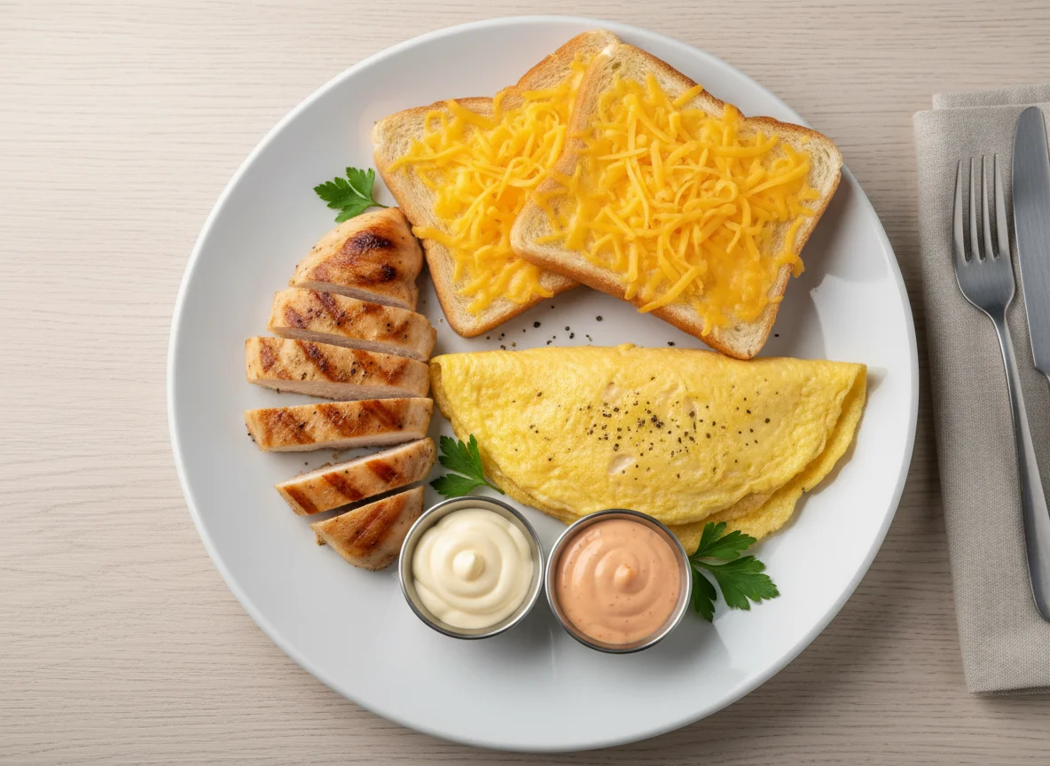 Breakfast with Chicken, Eggs, Cheese Toast, and Sauces photo