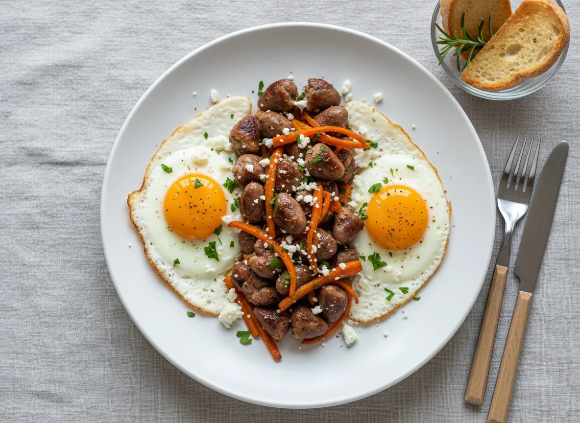 Breakfast with Chicken Hearts and Eggs photo