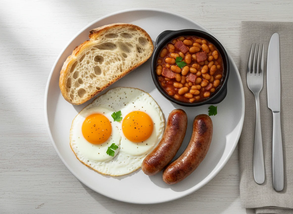 Breakfast with Ciabatta, Eggs, Beans, and Sausages photo