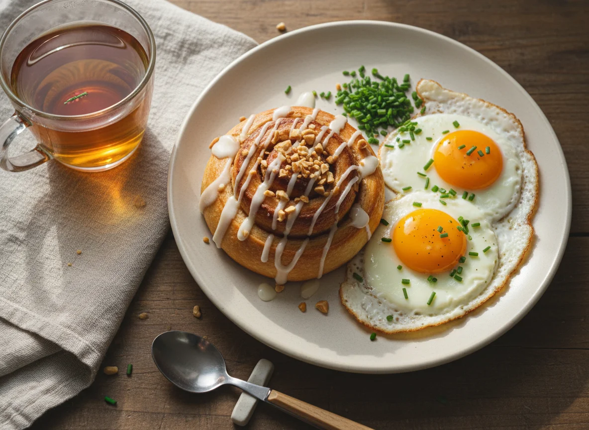 Breakfast with Cinnamon Roll and Fried Eggs photo