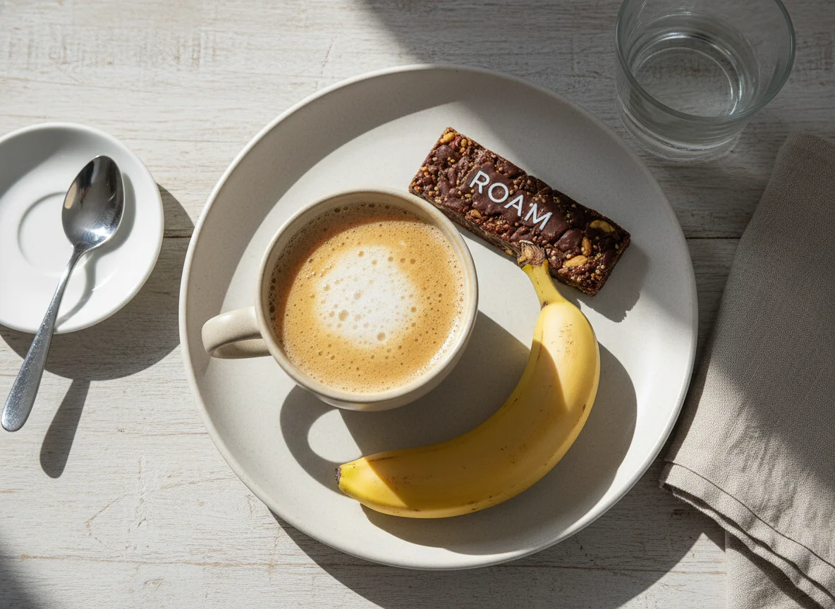 Breakfast with coffee, banana, and protein bar photo
