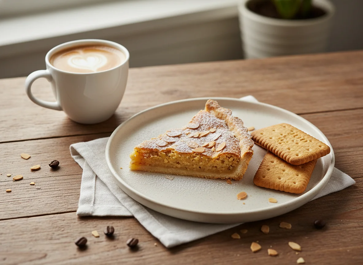 Breakfast with coffee, biscuits, and almond tart photo