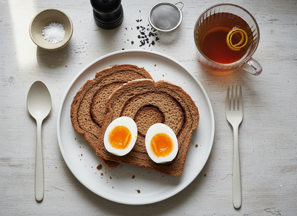 Breakfast with Coffee Bread, Eggs, and Tea photo