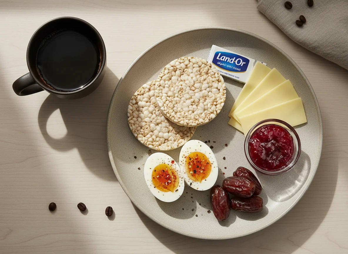 Breakfast with coffee, eggs, rice cake, cheese, and dates with jam photo