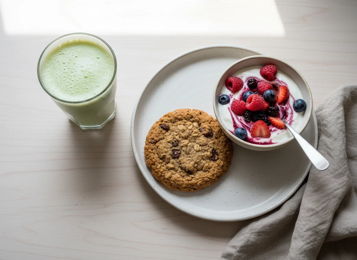Breakfast with cookie, matcha latte, and berry yogurt photo