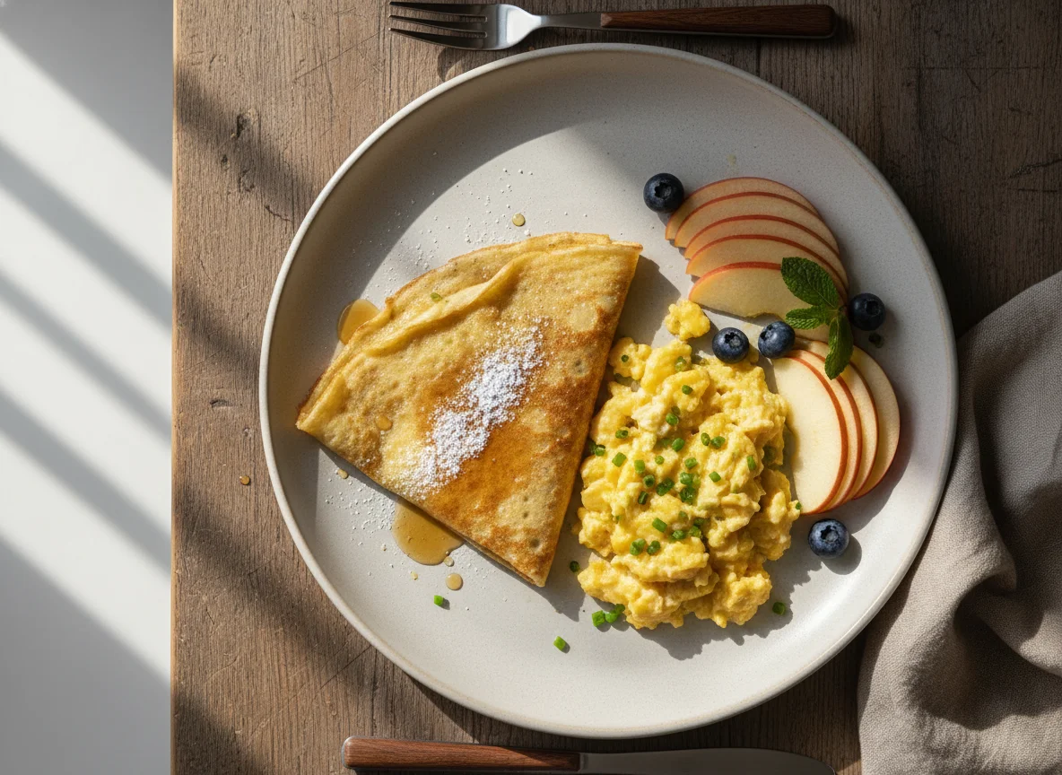 Breakfast with Crepe, Scrambled Eggs, and Apple photo