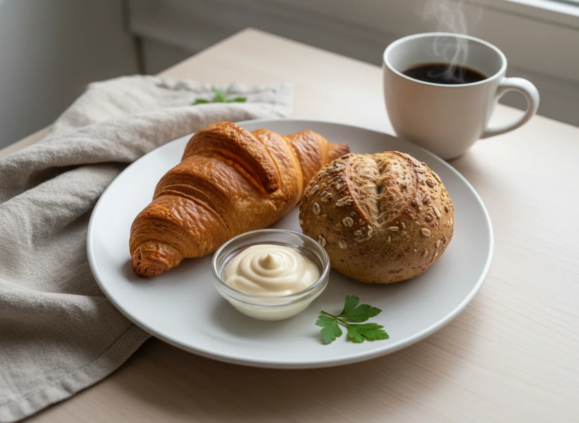 Breakfast with Croissant and Bread Roll photo