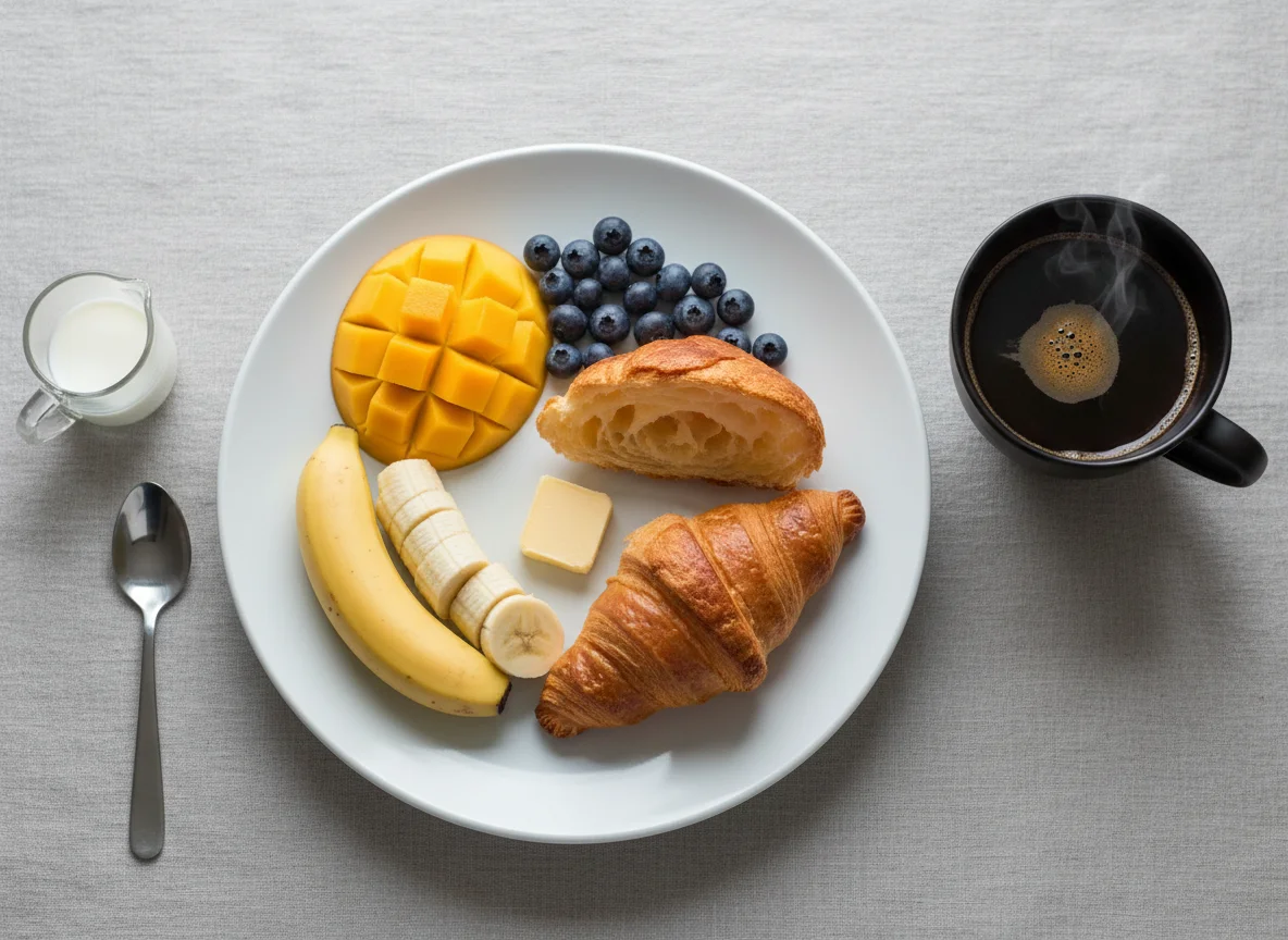 Breakfast with Croissant, Fruit, and Coffee photo