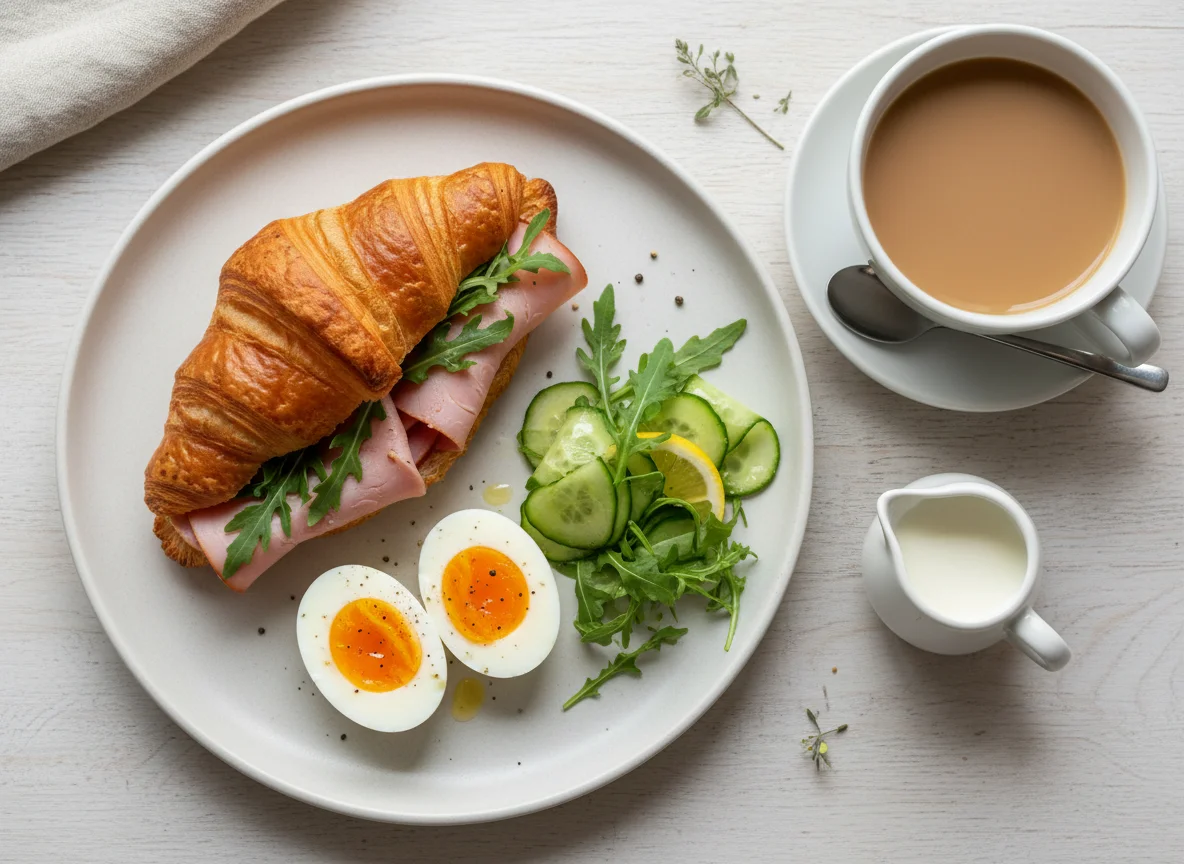 Breakfast with Croissant, Ham, and Salad photo