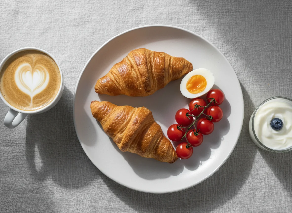 Breakfast with Croissants, Eggs, Tomatoes, Coffee, and Yogurt photo