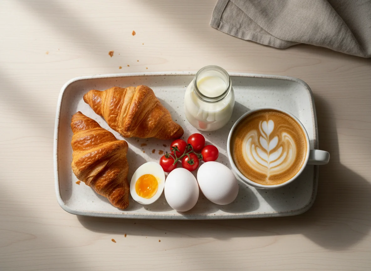 Breakfast with Croissants, Eggs, Tomatoes, Yogurt, and Coffee photo
