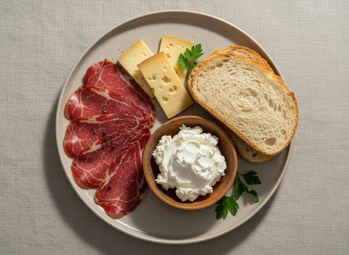 Breakfast with Cured Beef, Gouda, Cream Cheese, and Bread photo