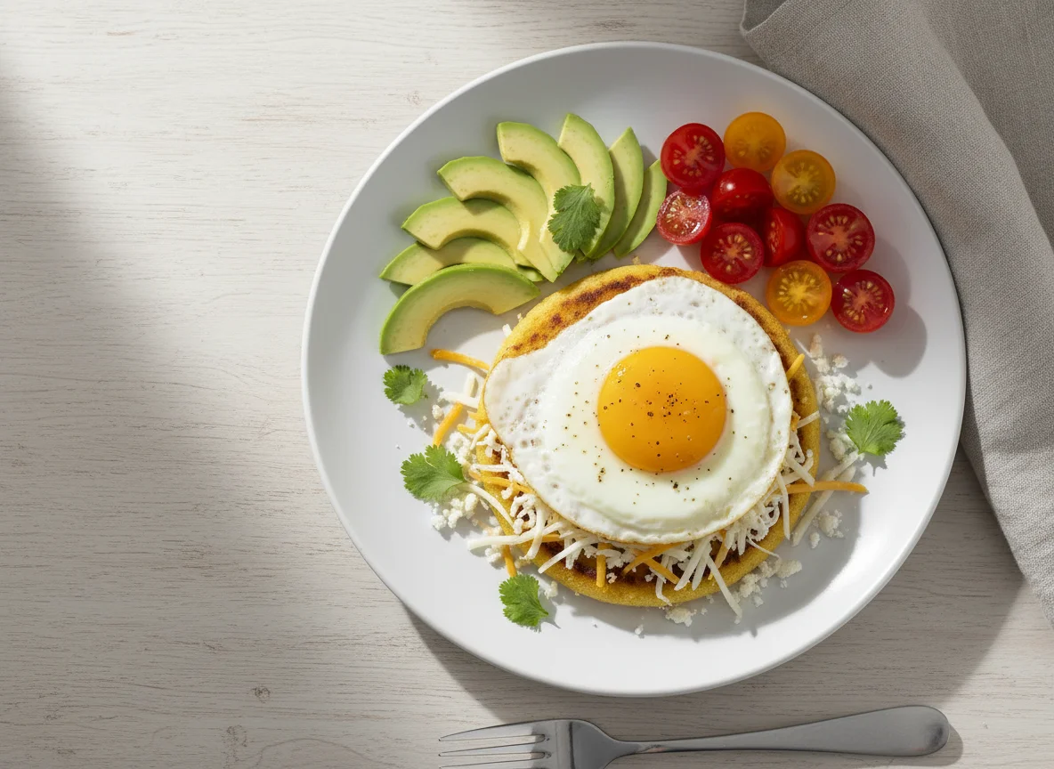 Breakfast with Egg, Avocado, and Arepa photo