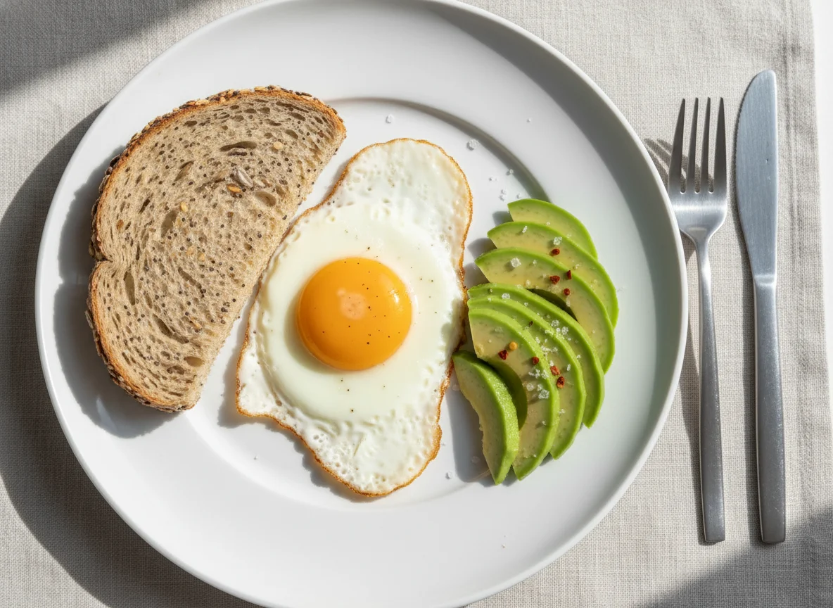 Breakfast with egg, bread, and avocado photo