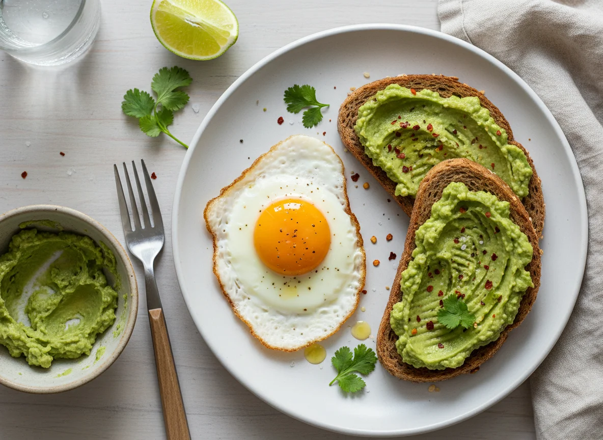 Breakfast with egg, bread, and spread photo