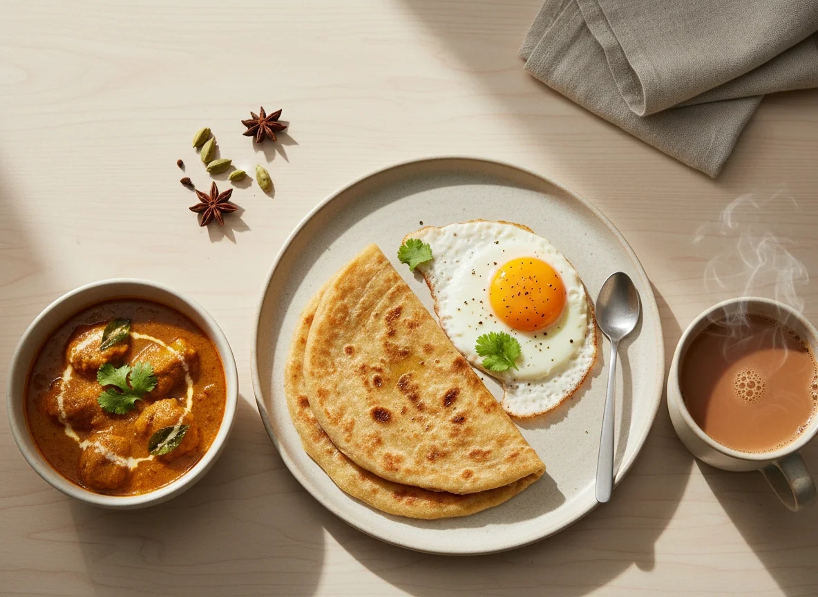 Breakfast with Egg, Curry, Paratha, and Tea photo