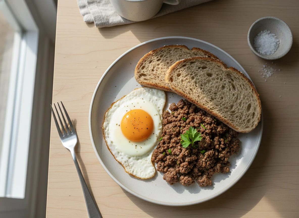 Breakfast with Egg, Ground Meat, and Bread photo