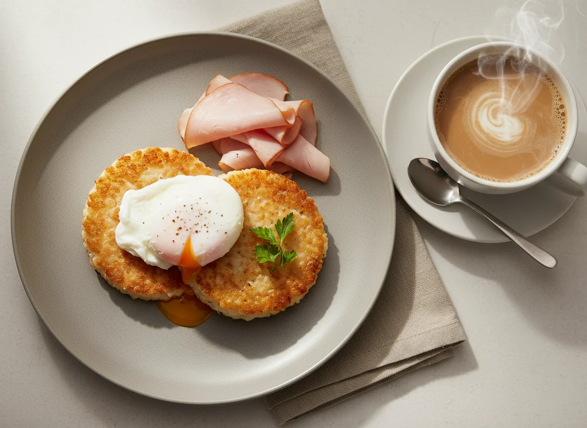 Breakfast with egg, rice cake, and coffee photo