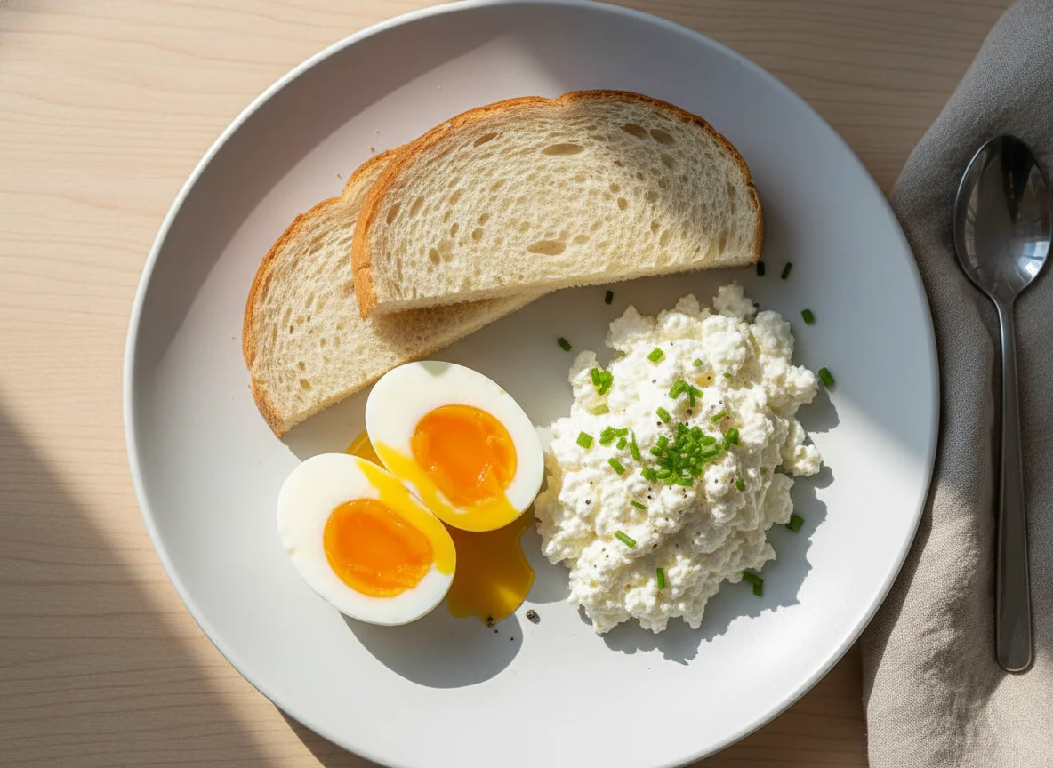 Breakfast with Egg, Toast and Cottage Cheese photo