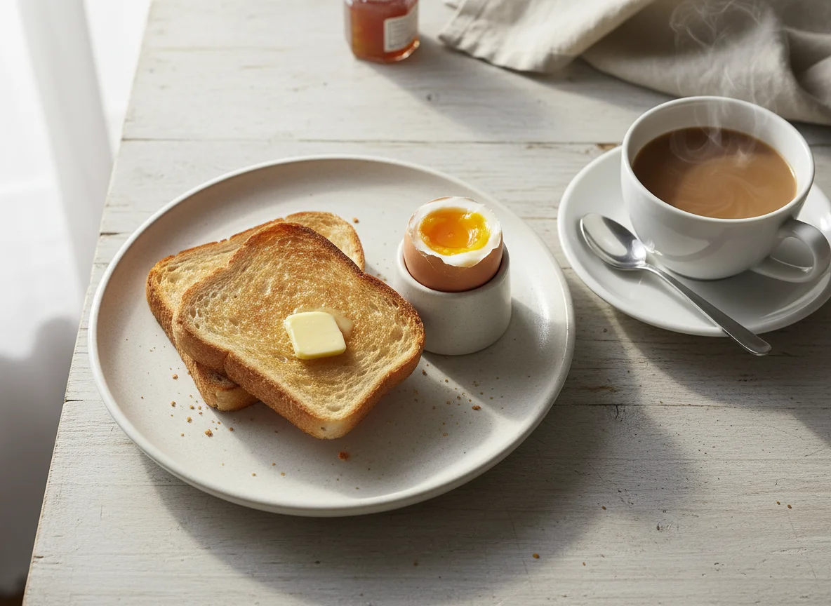 Breakfast with egg, toast and tea photo