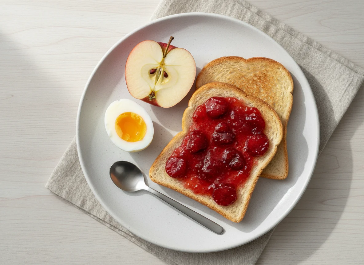 Breakfast with egg, toast, jam and apple photo
