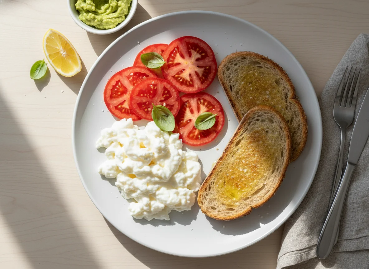 Breakfast with egg whites, tomatoes, and bread photo