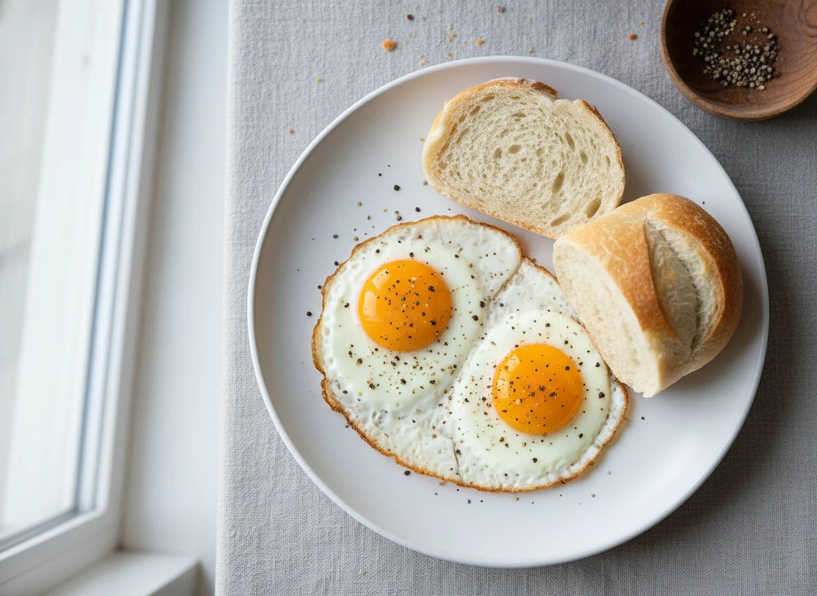 Breakfast with Eggs and Bread Rolls photo
