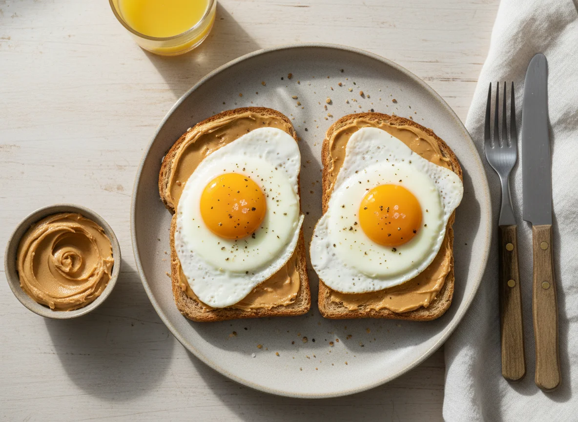 Breakfast with Eggs and Peanut Butter Toast photo