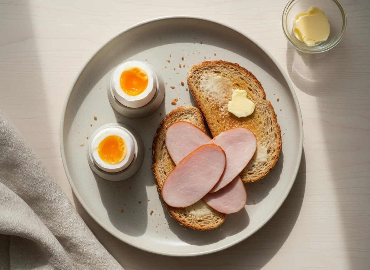 Breakfast with eggs and turkey ham toast photo