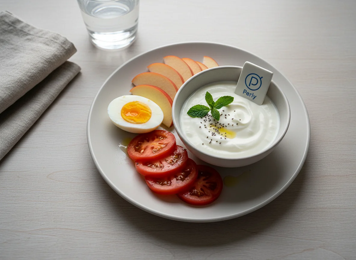 Breakfast with eggs, apple, tomato, and yogurt photo