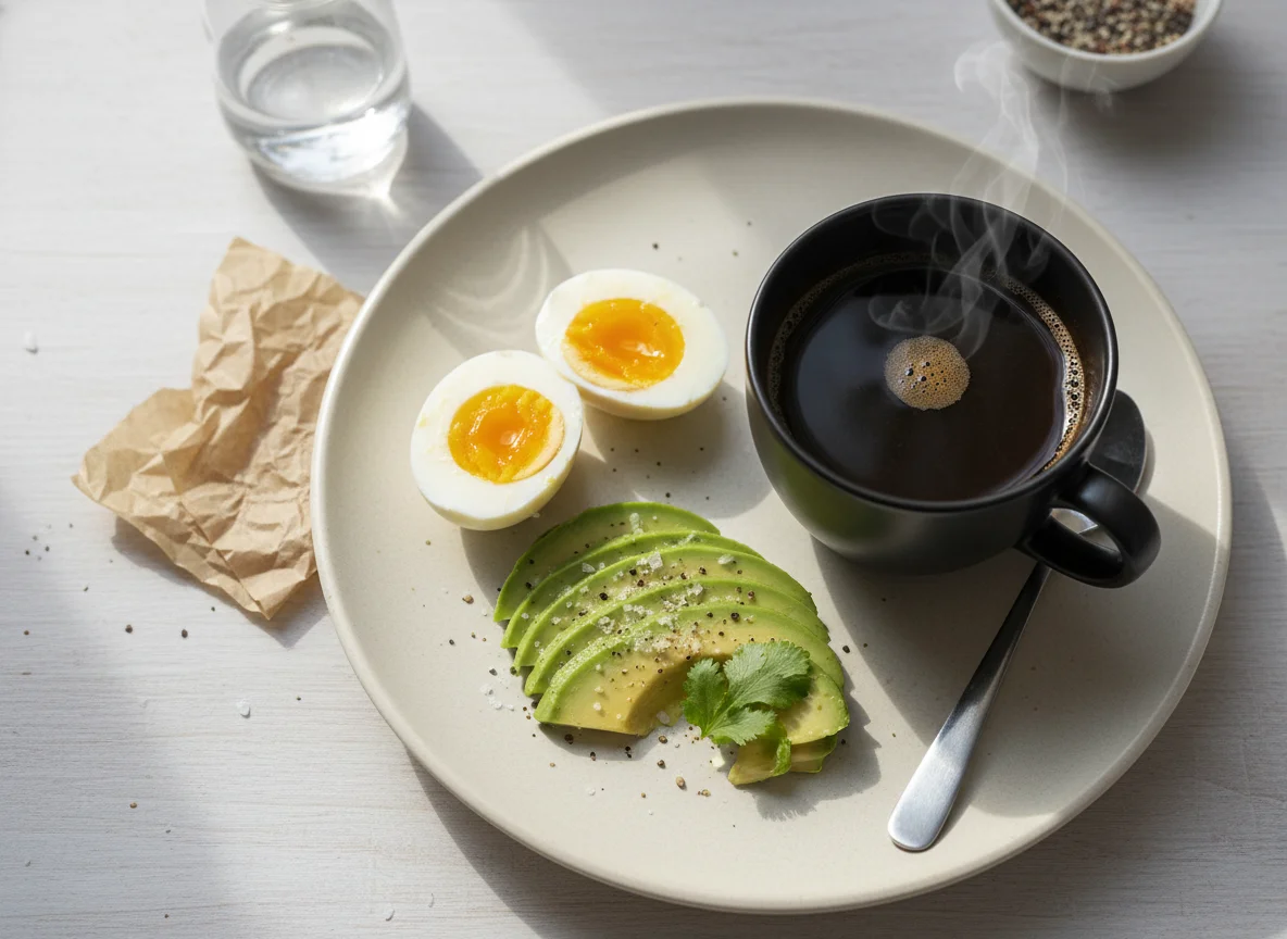 Breakfast with Eggs, Avocado, and Coffee photo