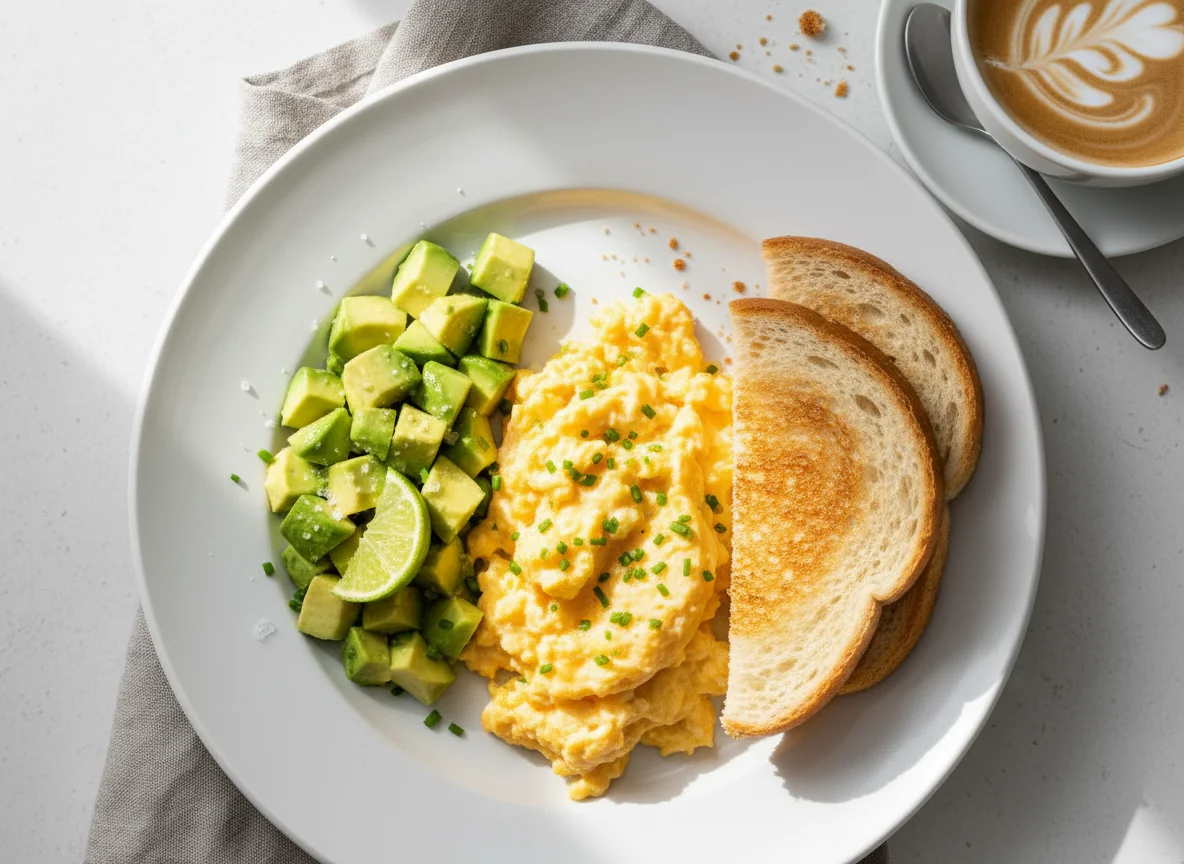 Breakfast with Eggs, Avocado, Toast, and Coffee photo