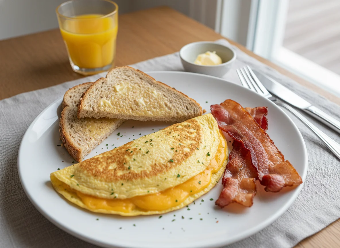 Breakfast with eggs, bacon and toast photo